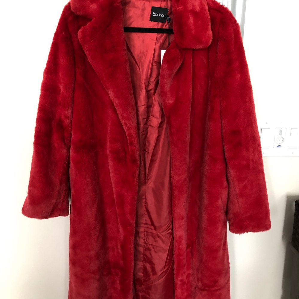 Red faux fur jacket